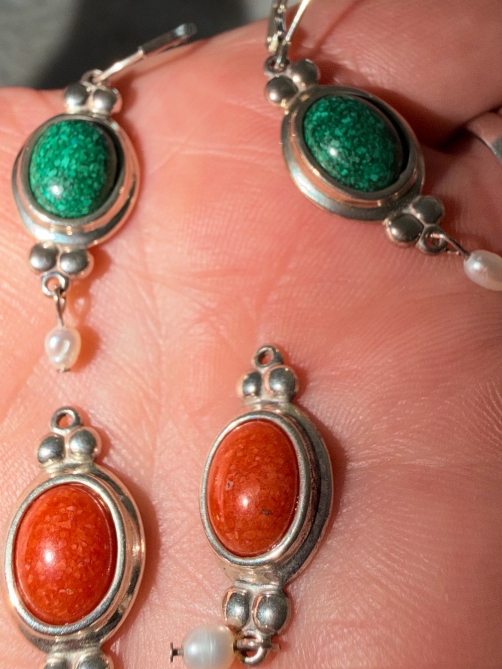 Green and Orange Oval Stone Drop Earrings with Pearl Dangles